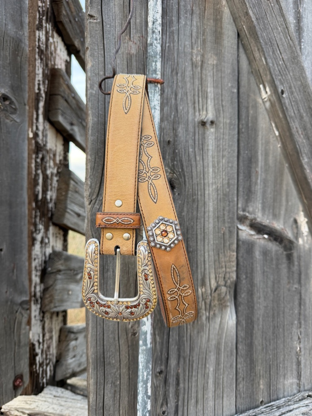 Beautiful Nocona Stitched Leather Western Belt with Rhinestone Buckle